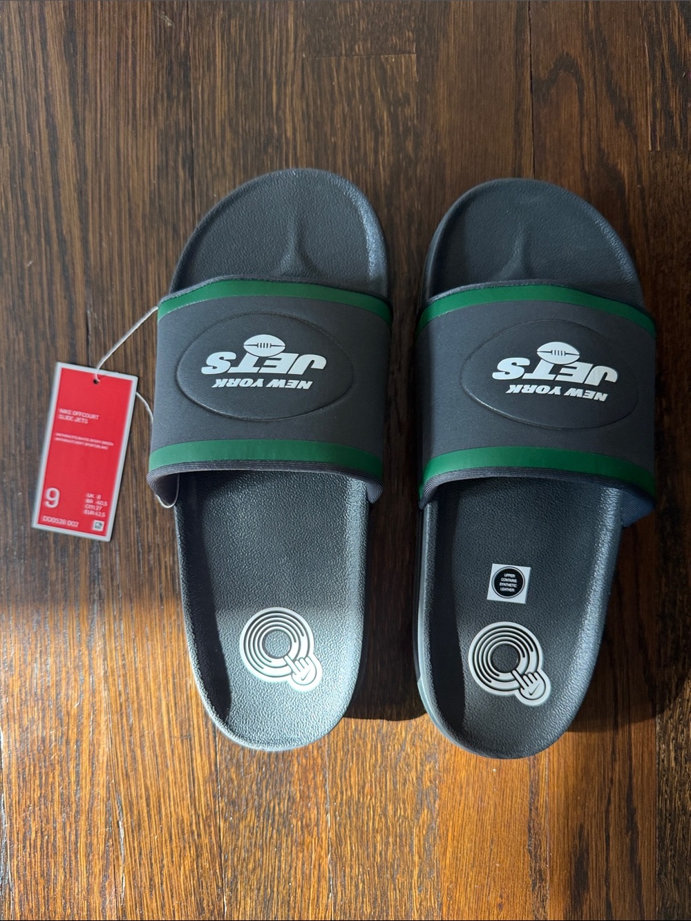 Nike Black Slide Sandals with Green Stripe - New York Jets Logo
